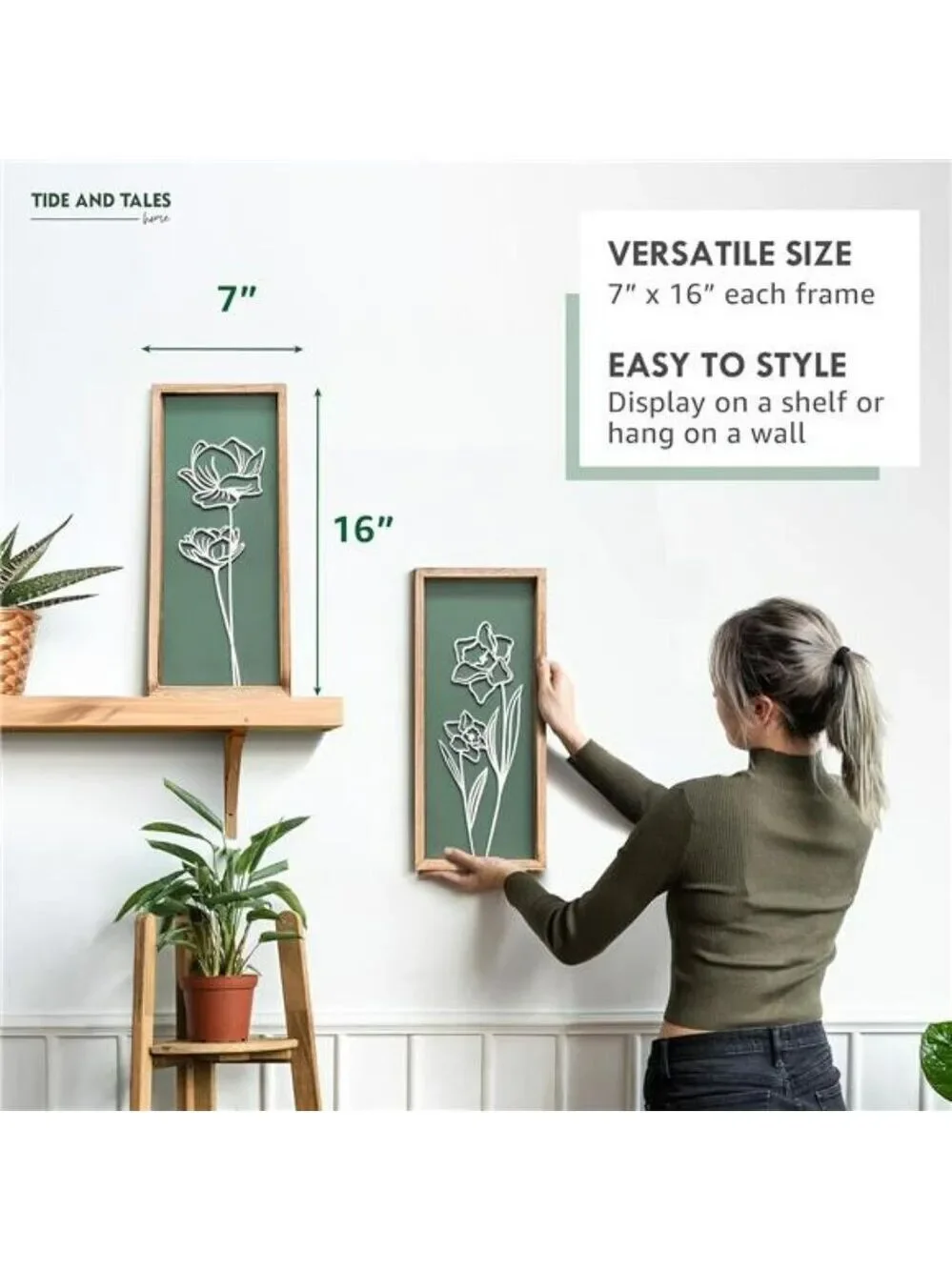 Sage Green 3D Floral Wall Art Set Boho Farmhouse Framed Decor for Bathroom